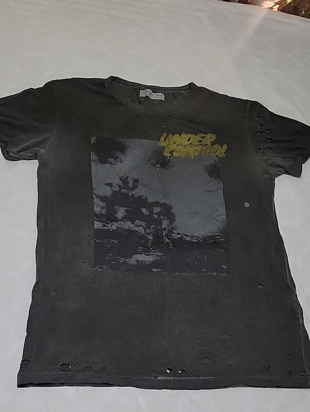 Zara Black Distressed Graphic Tee with Yellow Logo